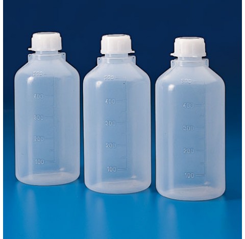 Graduated narrow neck bottle, polyethylene 50 ml OD 39 mm height 76,5 mm mouth ID 18,5 mm graduation