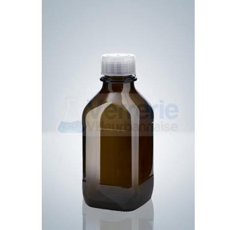Bouteille en verre brun 1 litre carre pas de vis GL45 avec bouchon PP