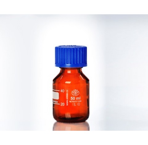 Flacon 50 ml ISO en verre borosilicate ambre, GL25 avec bouchon visse et bague bleue Dim. Diam 46 mm