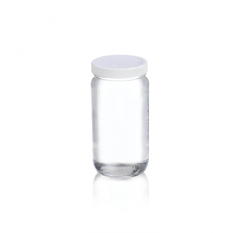 Flacon rond AC, verre clair, contenance 1 oz avec bouchon visse 33-400 en polypropylene blanc a join