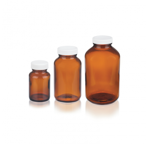 Flacon en verre conditionneur a col large 2500 ml type III, ambre, avec bouchon a joint polypropylen