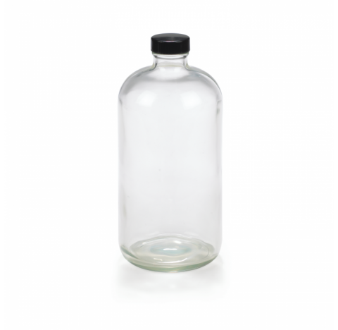 Flacon en verre rond 500 ml Boston type III, clair, avec bouchon a joint phenolique noir conique PE,