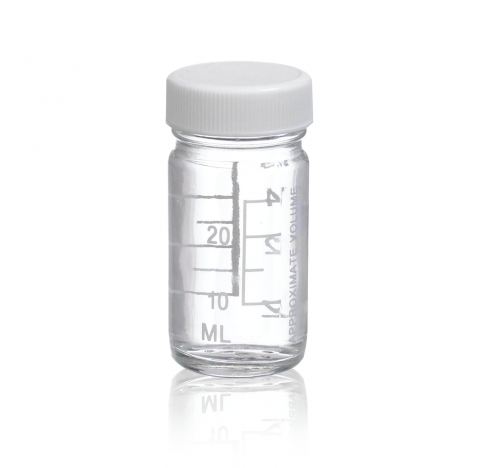Flacon gradue ValumetricTM en verre clair, contenance 1 oz avec bouchon visse 33-400 en polypropylen
