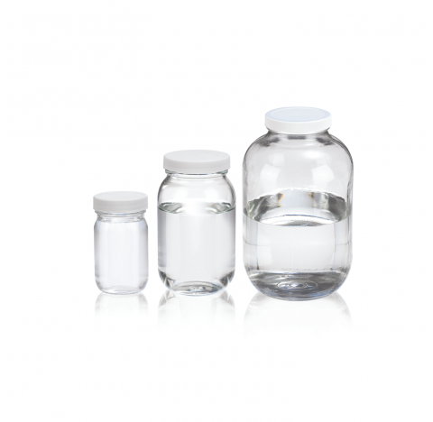 Flacon a col large standard, verre clair, contenance 4 oz avec bouchon visse 48-400 en polypropylene