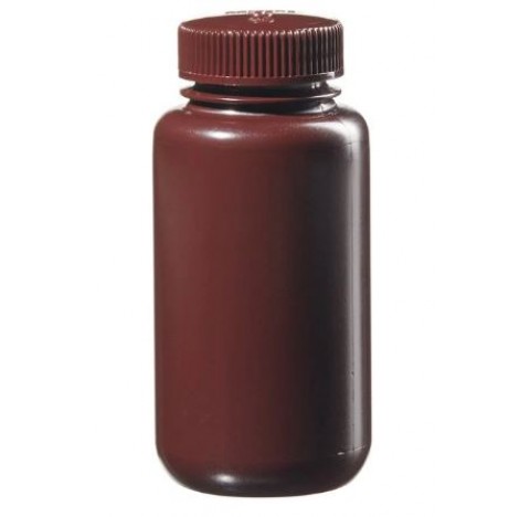 Flacon 250 ml PEHD ambré rond col large, diametre 73 mm, diametre interne dul col 33 mm, filetage 43