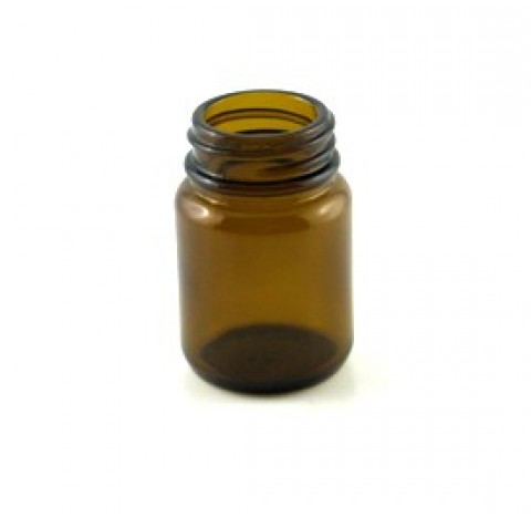 Flacon pharmaceutique 30 ml col large ouverture en verre jaune, poudrier en verre R3/33 sodocalcique