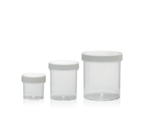 Contenant a col large en polystyrene avec bouchon visse 53-400 en polypropylene a joint mousse polye