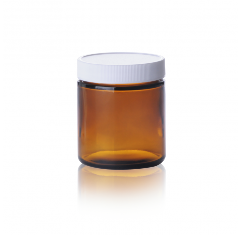 Flacon en verre a parois droites 250 ml type III, ambre, avec bouchon a joint polypropylene PE blanc