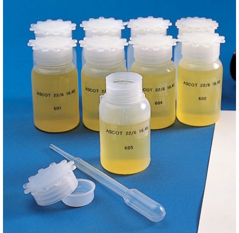 Graduated wide neck bottle ,polyethylene 50 ml graduation 10 ml OD 40 mm height 77 mm mouth ID 24 mm