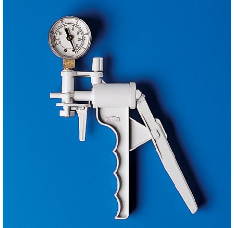Hand operated vacuum pump , high impact polystyrene , attains 625 mm Hg, nozzle fits standard 6 mm (