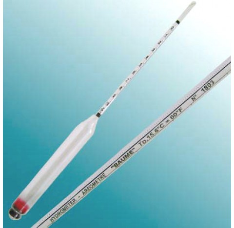 Densimetre en verre amplitude 0-10 Baume avec thermometre correcteur 0+40 degre Celsius division 0,1