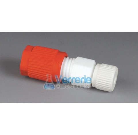 Joining fitting, PTFE from tubing IDxOD: 0,8x1,6 (1/32x1/16) to tubing ID x OD 8+10mm, OD 25 mm, len