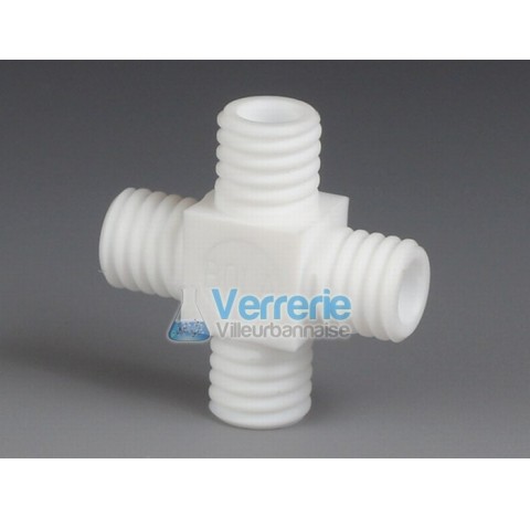 Cross Adapter ,PTFE with threads 2X GL14 bore diam 6,5 mm lenght 54mm wrench size 20 mm temperature 