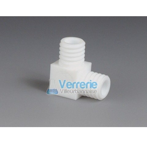 Elbow Adapter ,PTFE with threads 2X GL45 bore diam 32,5 mm lenght 73mm wrench size 48mm temperature 