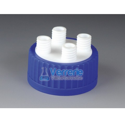 Bouchon PTFE/PPS distributeur / connecteur pour flacon iso verre GLS 80, 2 xPas de vis GL 18 + 1 xPa
