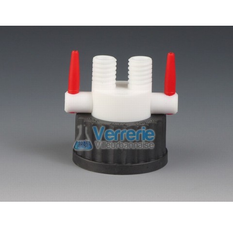 Multiple distributor cap for bottle with stopcocks Thread GL45 with 2 necks GL14 for tubing OD 6mm t