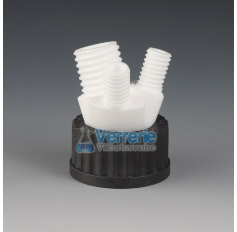 Multiple distributor cap for bottle ,PTFE Thread GL45 with 2 necks GL14 for tubing OD 6mm and one ne