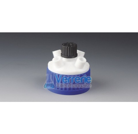 Distributor cap for bottle, PTFE PP Thread GLS80 Center neck GL25 for stirrer shaft 10 mm and latera