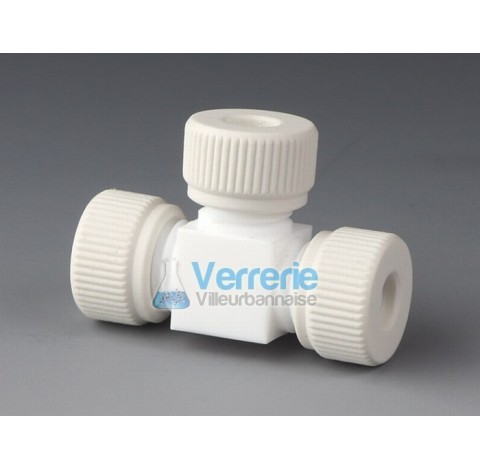 T connector, PTFE thread 2x M18X2 bore diam 8 mm total lenght 60X43mm for tubing OD 10 mm temperatur