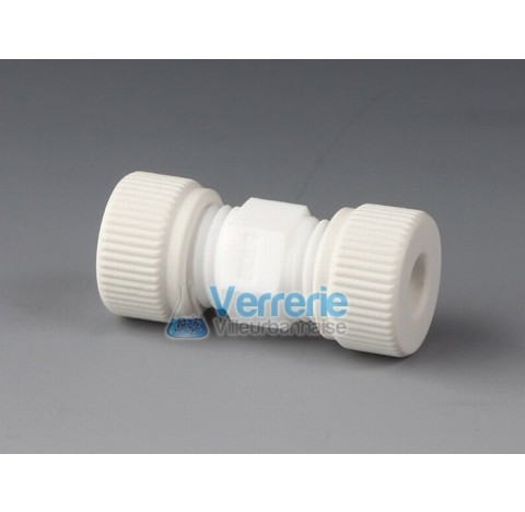 Connector, PTFE thread 2x M18X2 bore diam 8 mm total lenght 54mm for tubing OD 10 mm temperature res