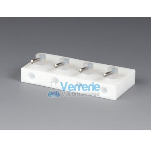 HPLC miniature manifold block, PTFE for tubing IDxOD: 0,8x1,6 (1/32x1/16) with 4 stopcocks, bore dia