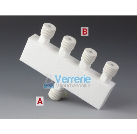 Distributor, PTFE thread M14X2 one inlet for tubing OD 4mm 3 outlets for tubing OD 4mm dimensions 10