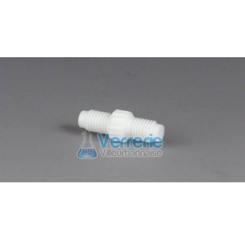 Double end fittings, PTFE for tubing IDXOD : 1,6X3,2mm (1/16x1/8) white pieces with 2X male threads 