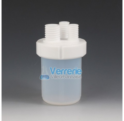 Micro reaction vessel, PFA 90 ml height 96 mm OD 50 mm , ID 45,5mm for tubing OD 2x8,5mm and 1x10 mm