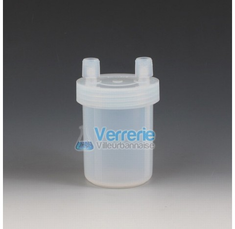 Jar,PFA 120 ml height 74 mm, OD 66mm ,ID 60mm thread S69 depth 45 mm with 2 connections for tubing O