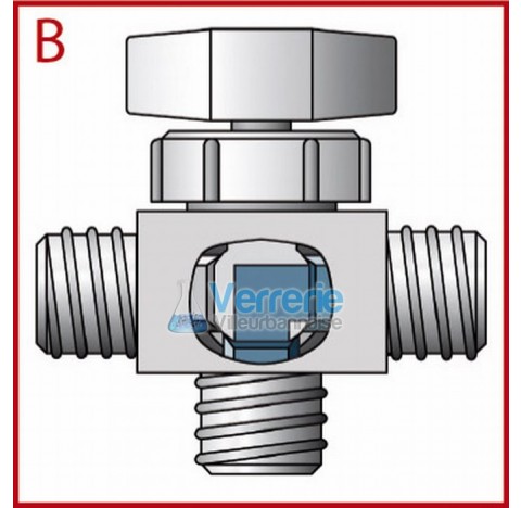 Ball valves, PTFE 3-Way bore shape of stopcock L , bore diam 3 mm ,thread GL14 , external dimensions