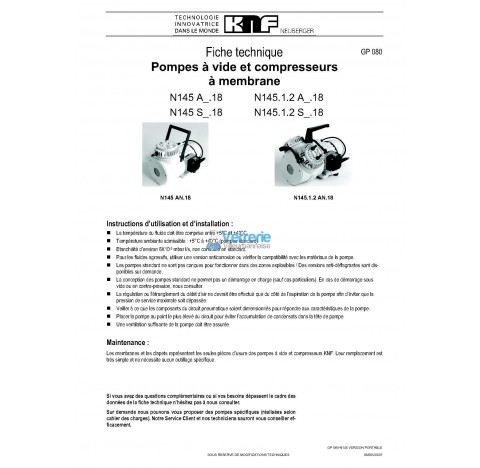 Pompe a vide et compresseur a membrane gaz  pour laboratoires  Debit a pression atmospherique : 30 L