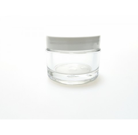 Pot pour creme 30 ml en PETG cristal transparent avec couvercle blanc bague 48/400