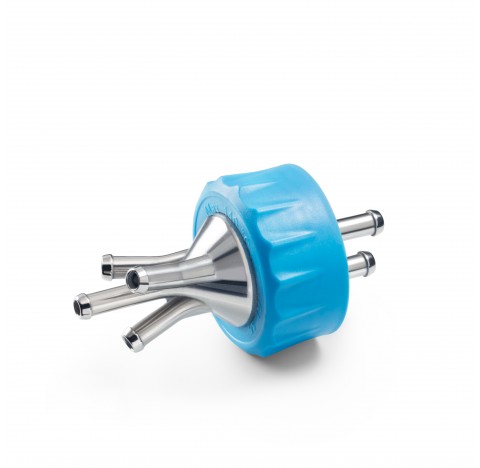 Systeme de raccords GL 45 DURAN, capuchon a vis cyan, PP, GL 45, avec quatre ports en Inox