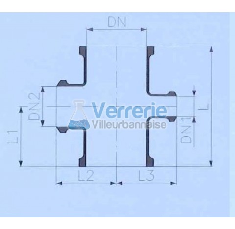 Raccord industriel en croix en verre DN 300 PZ , DN1 : DN 50 KZA , DN2: DN 200 KZA Longueurs: L:500m