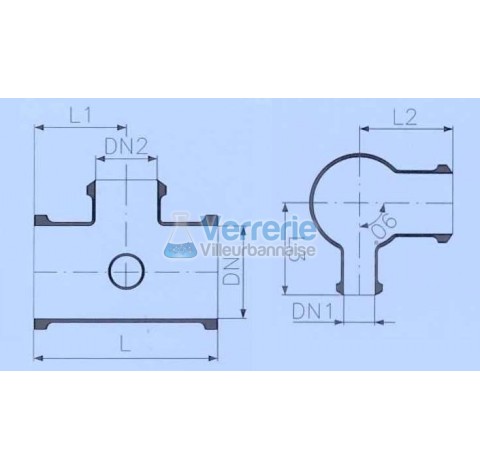 Raccord industriel en verre DN 150 PZ DN1: DN 50 KZA , DN2: DN 100 KZA Longueurs: L:300mm L1:150mm L