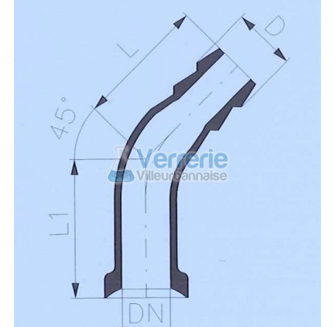 Raccord DN 15 KZB avec olive diam 22 en verre coude 75 degre