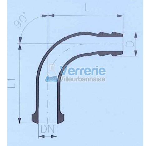 Raccord DN 15 KZA avec olive diam 22 en verre coude 90 degre