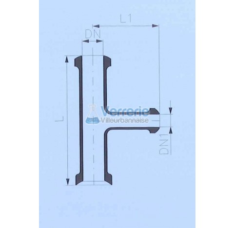 Raccord en T avec un DN 25 KZA , un DN 25 KZB et un DN 15 KZA Longueur 150 mm L1: 75mm en verre