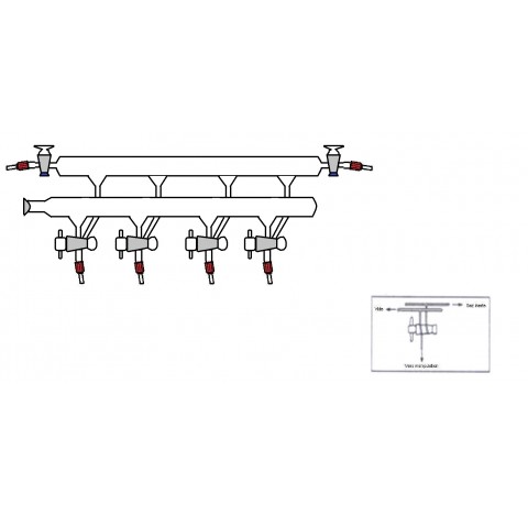 Rampe a vide double 4 voies robinet cle PTFE 2,5 mm olive en plastique spherique femelle 19/9