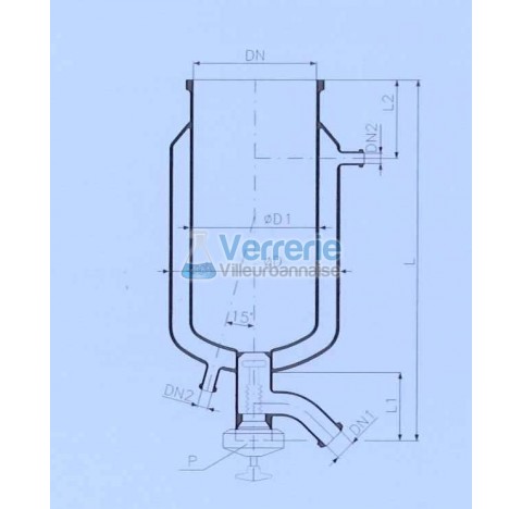 Cuve en verre thermostatee vol. 15 litres bride DN 300 PZ bride de vanne de fond DN 50 RK circulatio