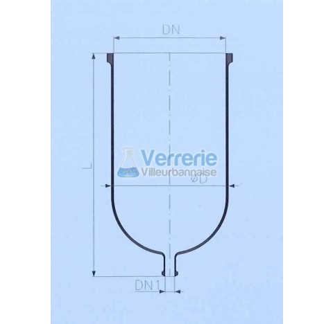 Cuve en verre volume 50 litres bride DN 300 PZ avec vidange DN 25KZA Longueur totale 900 mm Diam ext