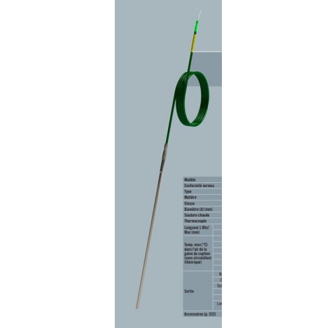 Sonde thermocouple K en Inconel 600 diametre 4,5 mm longueur 1000 mm isolee, longueur de cable 2 met