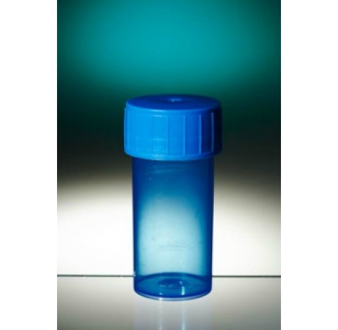 Straight container 40ml PP blue height 70 mm opened diameter 30 mm, label white and screw cap blue, 