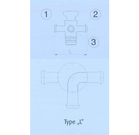 Robinet en L 3 voies 2x DN 50RK Longueur 250 mm corps et cle en verre Temp max 120 degre , Pression 