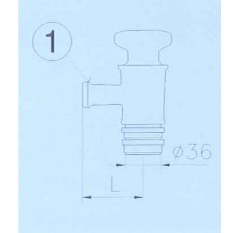 Robinet en cone un DN 25 RK et olive diam 36mm Longueur 100mm corps et cle en verre Temp max 120 deg