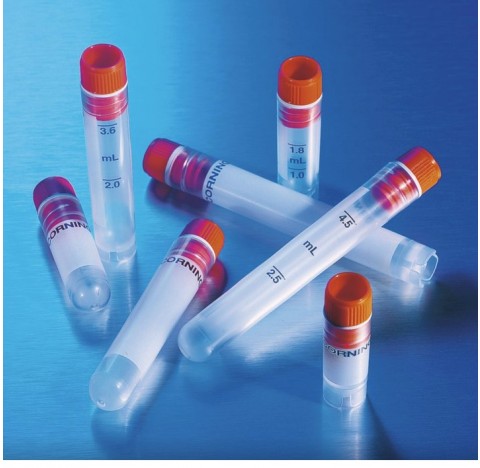 Vial cryogenique, filetage interne, 1,2 ml, fond conique, bouchon inclus, couleur de bouchon orange,