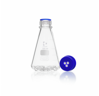 Duran baffled flask, GL 45, with 4 bottom baffles, complete with membrane screw cap, 500 ml