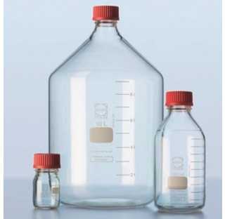 Laboratory Bottle, GL 45, clear, graduated, with high temperature red PBT crew cap and ETFE pouring 