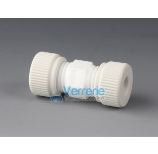 Connector, PTFE thread 2x M14X2 bore diam 6 mm total lenght 49mm for tubing OD 4 mm temperature resi