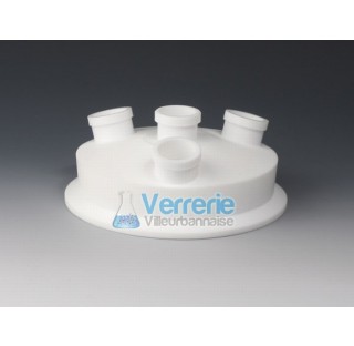 Flat flange lid, PTFE NW 100 / 4x neck 29/32 temperature resistance -200 to 250 degree, vacuum suita
